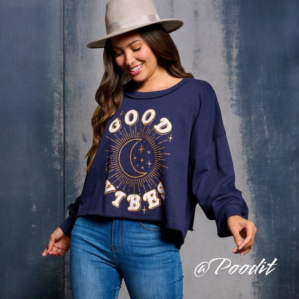 PEACH LOVE CALIFORNIA Good vibes navy blue top sz medium and large - Picture 3 of 9